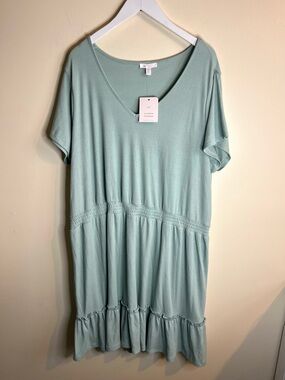 LC Lauren Conrad Teal Ribbed V-Neck Knee Length Shirt Dress NWT